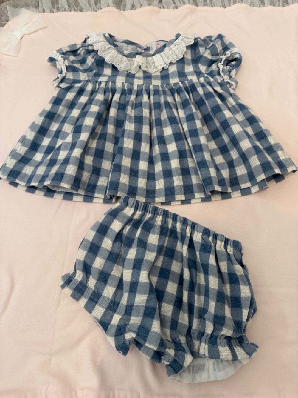 Blue Gingham Baby Dress with Bloomer Set